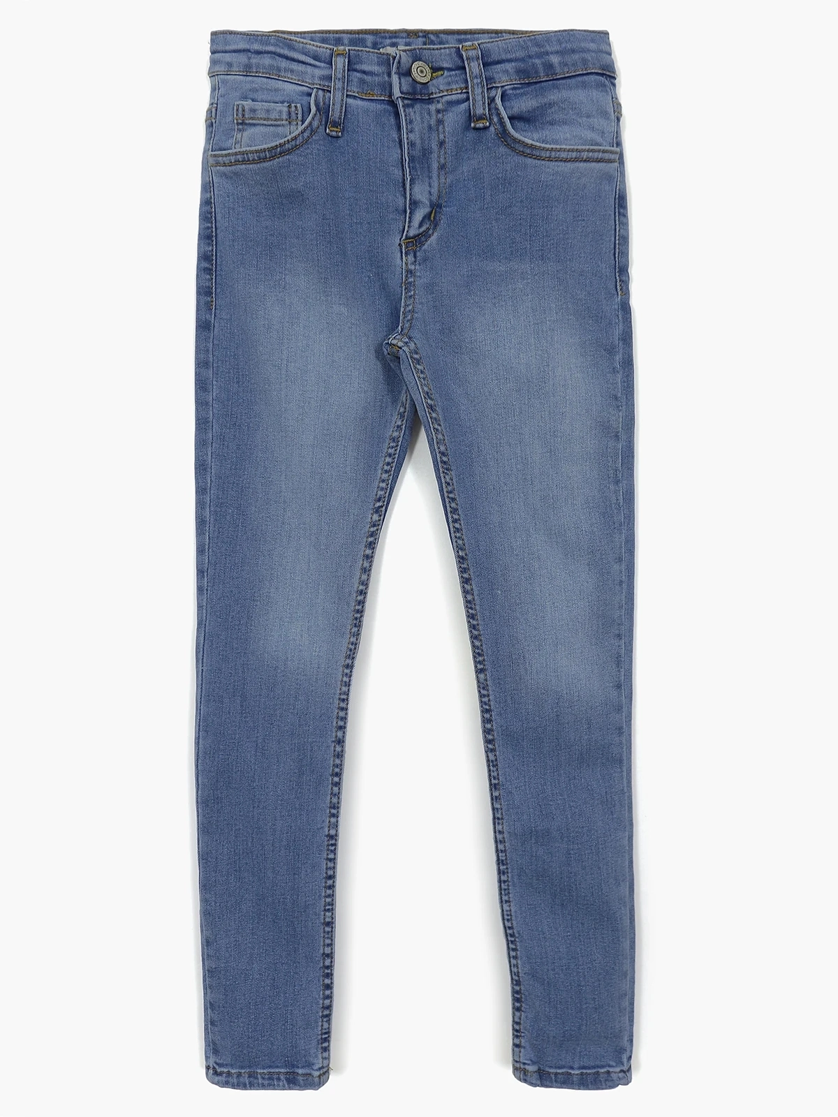Yıkamalı mavi skinny fit kız çocuk denim pantolon, 5 cepli ve dar paçalı jean - Ön Yüz | DOBAKIDS