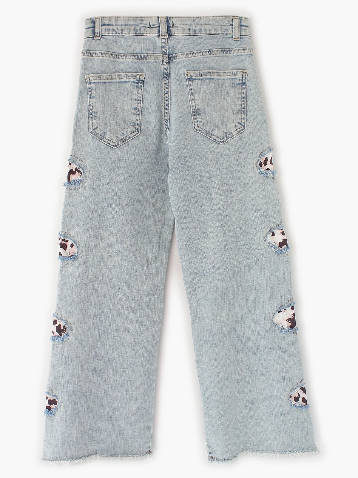 Leopar Garnili Cut-Out Detaylı RawCut Palazzo Kız Çocuk Jean Pantolon Buz Mavi | DOBAKIDS