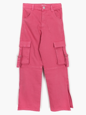 Kargo Cep Detaylı Yırtmaçlı Bol Paça Kız Çocuk Denim Kot Baggy Pantolon Pembe | DOBAKIDS