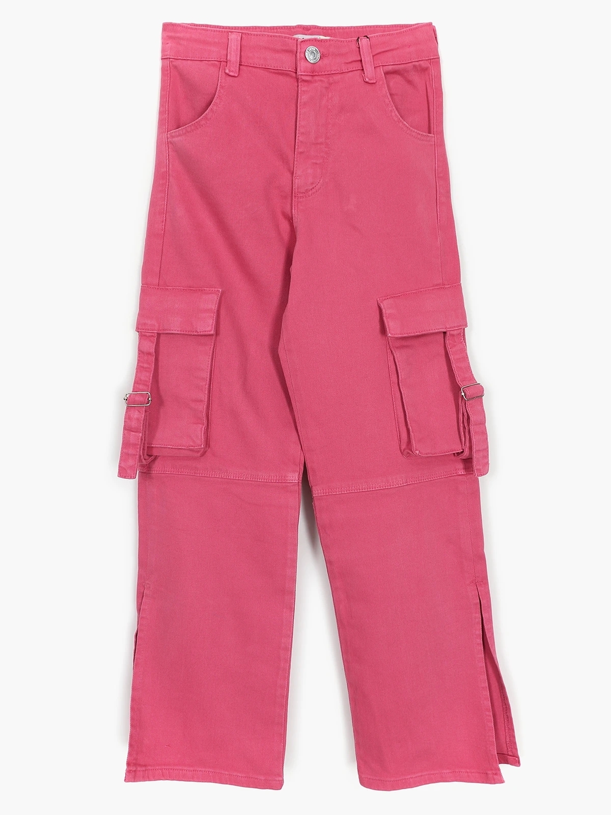 Kargo Cep Detaylı Yırtmaçlı Bol Paça Kız Çocuk Denim Kot Baggy Pantolon Pembe | DOBAKIDS