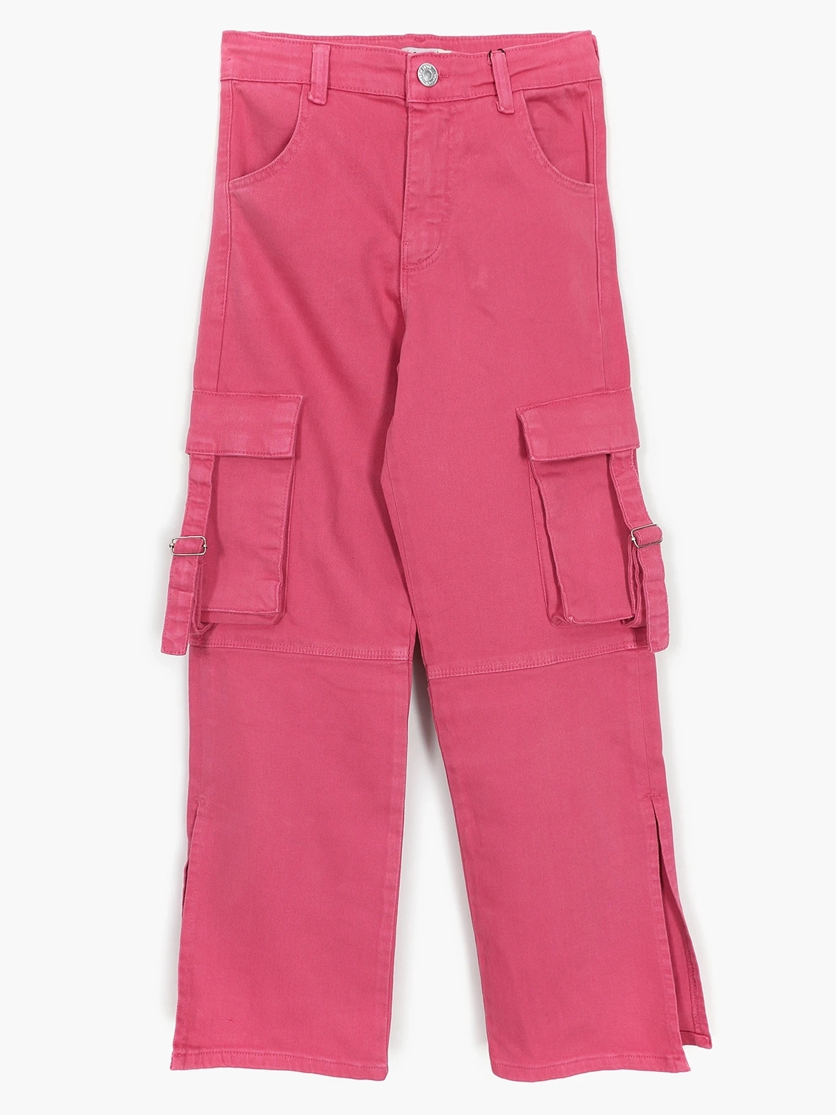 Kargo Cep Detaylı Yırtmaçlı Bol Paça Kız Çocuk Denim Kot Baggy Pantolon Pembe | DOBAKIDS