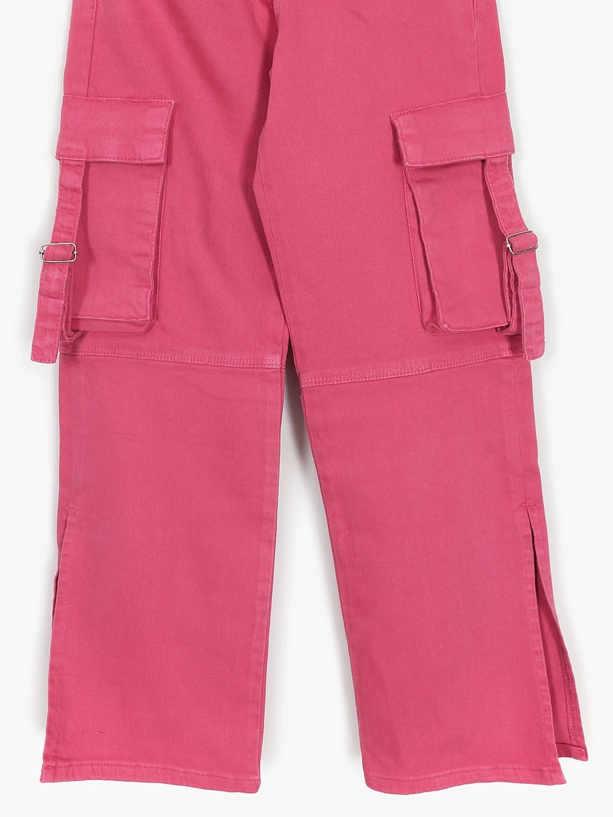 Kargo Cep Detaylı Yırtmaçlı Bol Paça Kız Çocuk Denim Kot Baggy Pantolon Pembe | DOBAKIDS