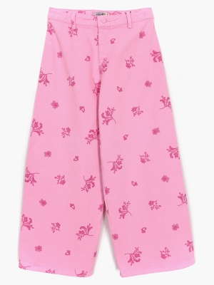 Desenli Bol Paça Kız Çocuk Denim Pantolon Pembe