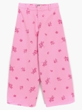 Desenli Bol Paça Kız Çocuk Denim Pantolon Pembe