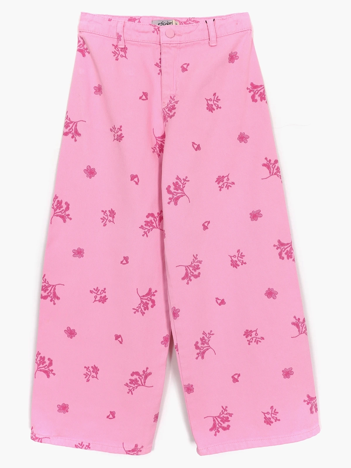 Desenli Bol Paça Kız Çocuk Denim Pantolon Pembe