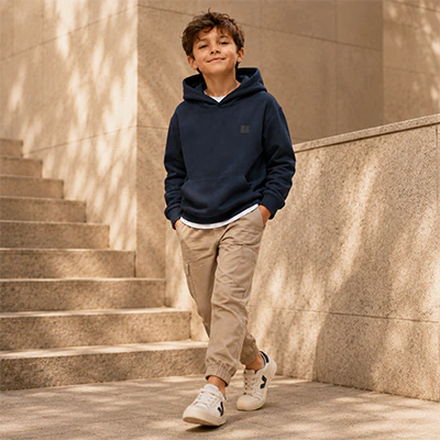 Lacivert kapüşonlu sweatshirt ve bej jogger pantolon giyen erkek çocuk
